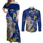 Australia Day Couples Matching Off Shoulder Maxi Dress and Long Sleeve Button Shirt Proud To Be An Aussie Koala With Map Golden Wattle