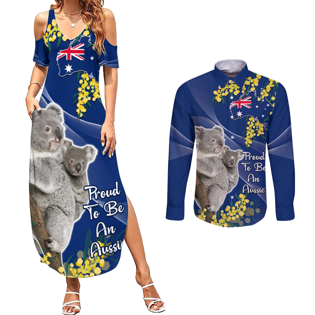 Australia Day Couples Matching Summer Maxi Dress and Long Sleeve Button Shirt Proud To Be An Aussie Koala With Map Golden Wattle