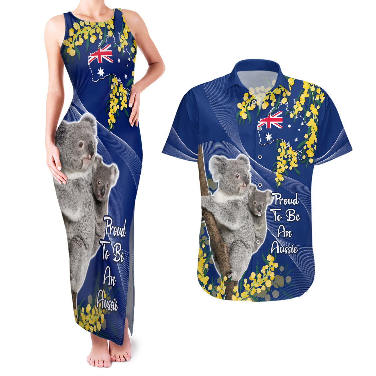 Australia Day Couples Matching Tank Maxi Dress and Hawaiian Shirt Proud To Be An Aussie Koala With Map Golden Wattle