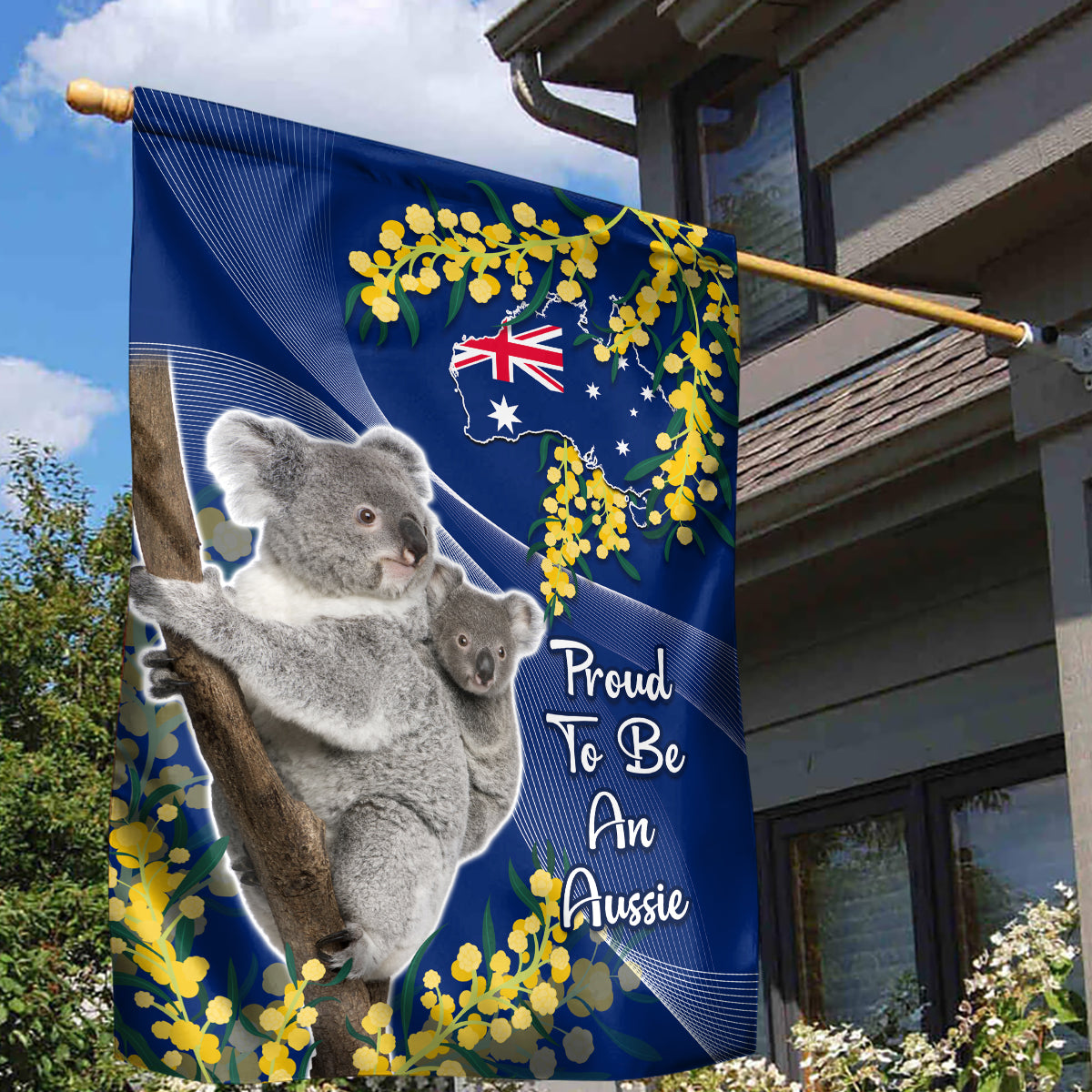 Australia Day Garden Flag Proud To Be An Aussie Koala With Map Golden Wattle