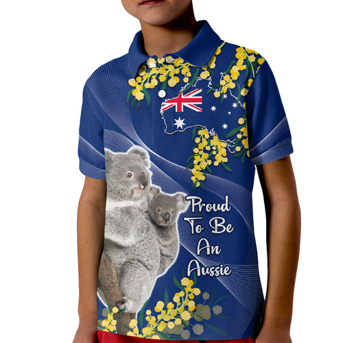 Australia Day Kid Polo Shirt Proud To Be An Aussie Koala With Map Golden Wattle