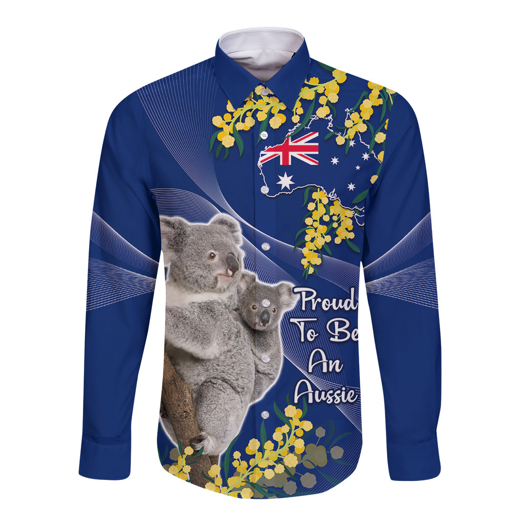 Australia Day Long Sleeve Button Shirt Proud To Be An Aussie Koala With Map Golden Wattle