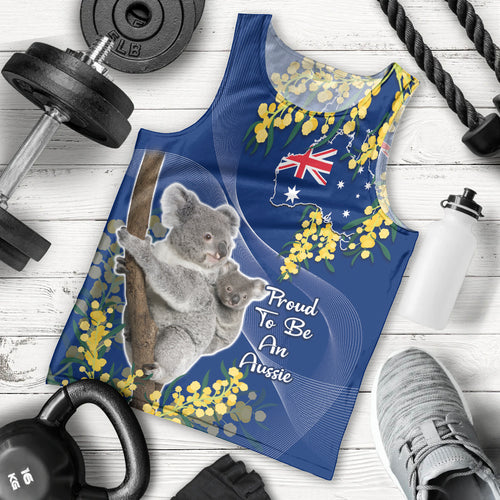 Australia Day Men Tank Top Proud To Be An Aussie Koala With Map Golden Wattle