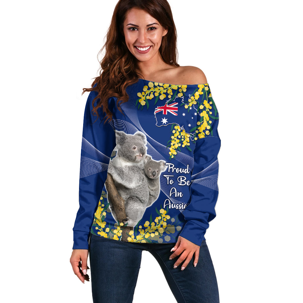 Australia Day Off Shoulder Sweater Proud To Be An Aussie Koala With Map Golden Wattle