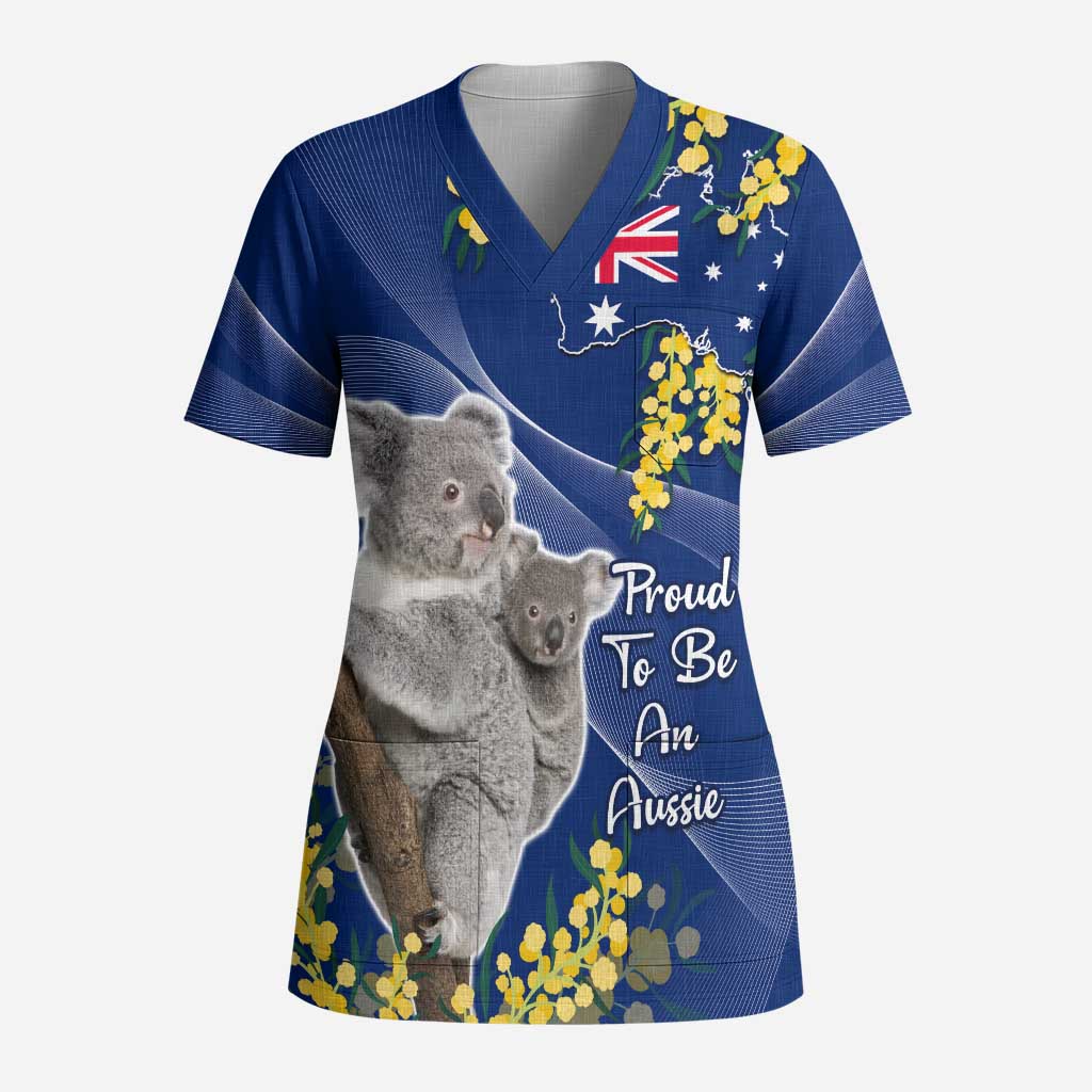 Australia Day Scrub Top Proud To Be An Aussie Koala With Map Golden Wattle - Aussie Hoodie