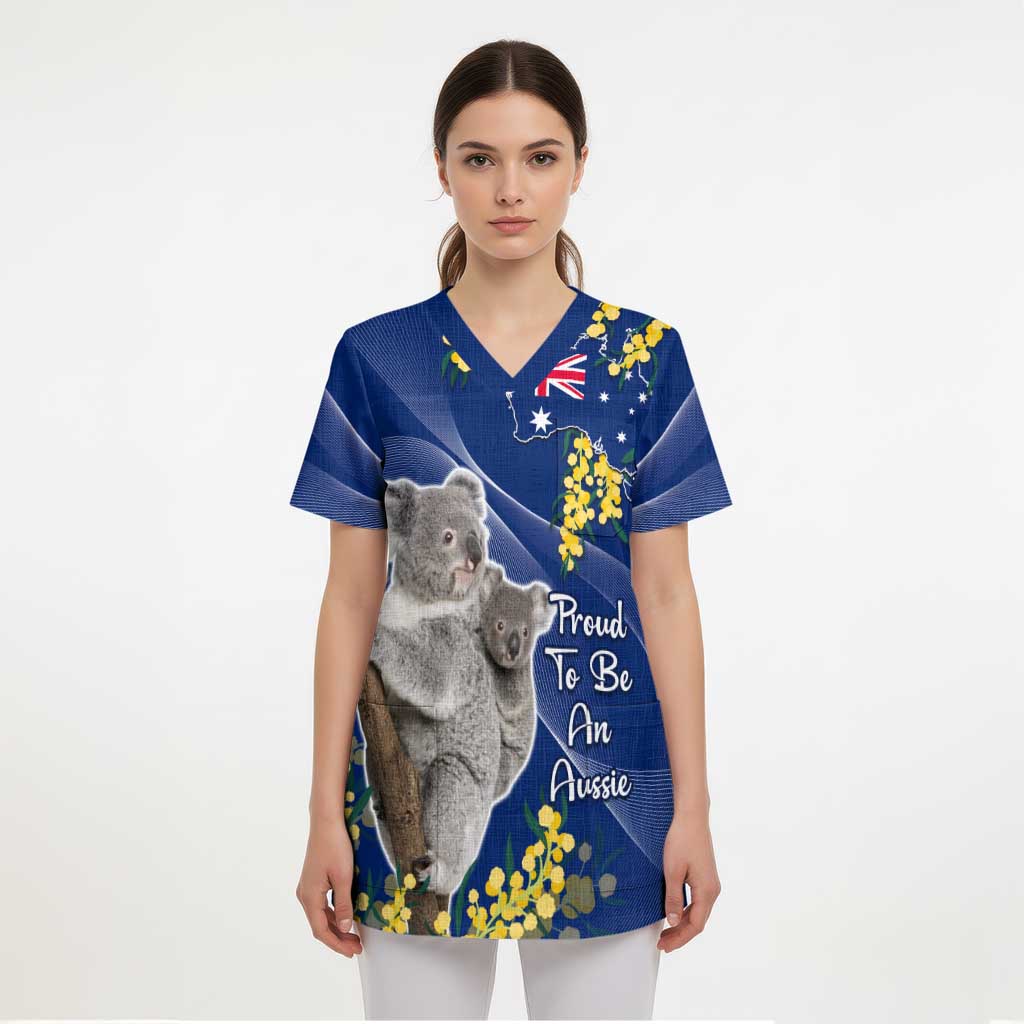 Australia Day Scrub Top Proud To Be An Aussie Koala With Map Golden Wattle - Aussie Hoodie