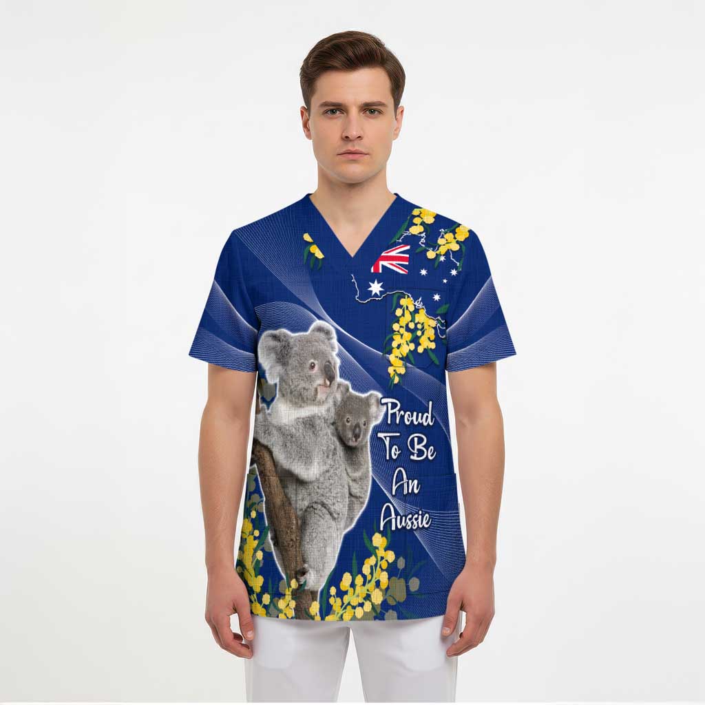 Australia Day Scrub Top Proud To Be An Aussie Koala With Map Golden Wattle - Aussie Hoodie