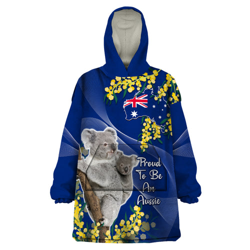 Australia Day Wearable Blanket Hoodie Proud To Be An Aussie Koala With Map Golden Wattle