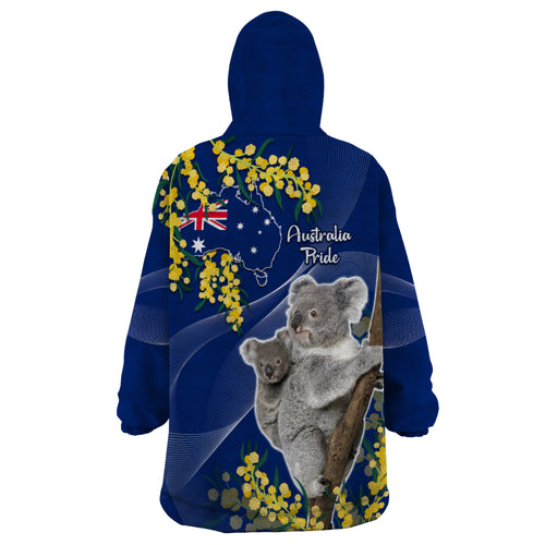 Australia Day Wearable Blanket Hoodie Proud To Be An Aussie Koala With Map Golden Wattle