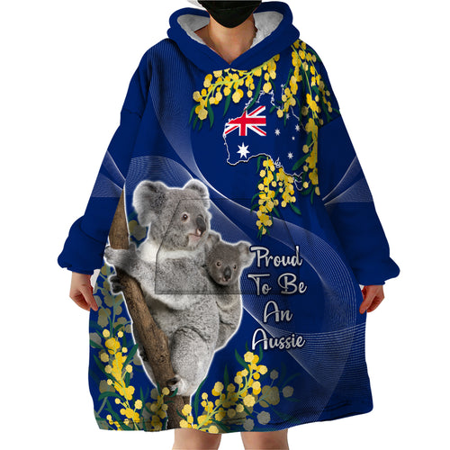 Australia Day Wearable Blanket Hoodie Proud To Be An Aussie Koala With Map Golden Wattle
