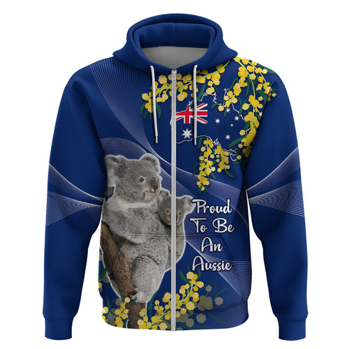 Australia Day Zip Hoodie Proud To Be An Aussie Koala With Map Golden Wattle