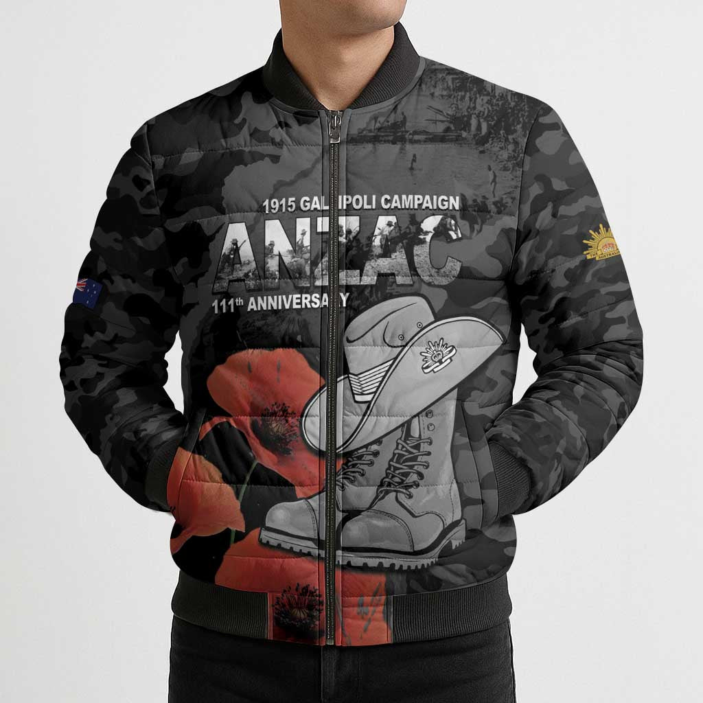 Australia 1915 Gallipoli ANZAC Bomber Puffer Jacket 111th Anniversary Army Boots And Slouch Hat