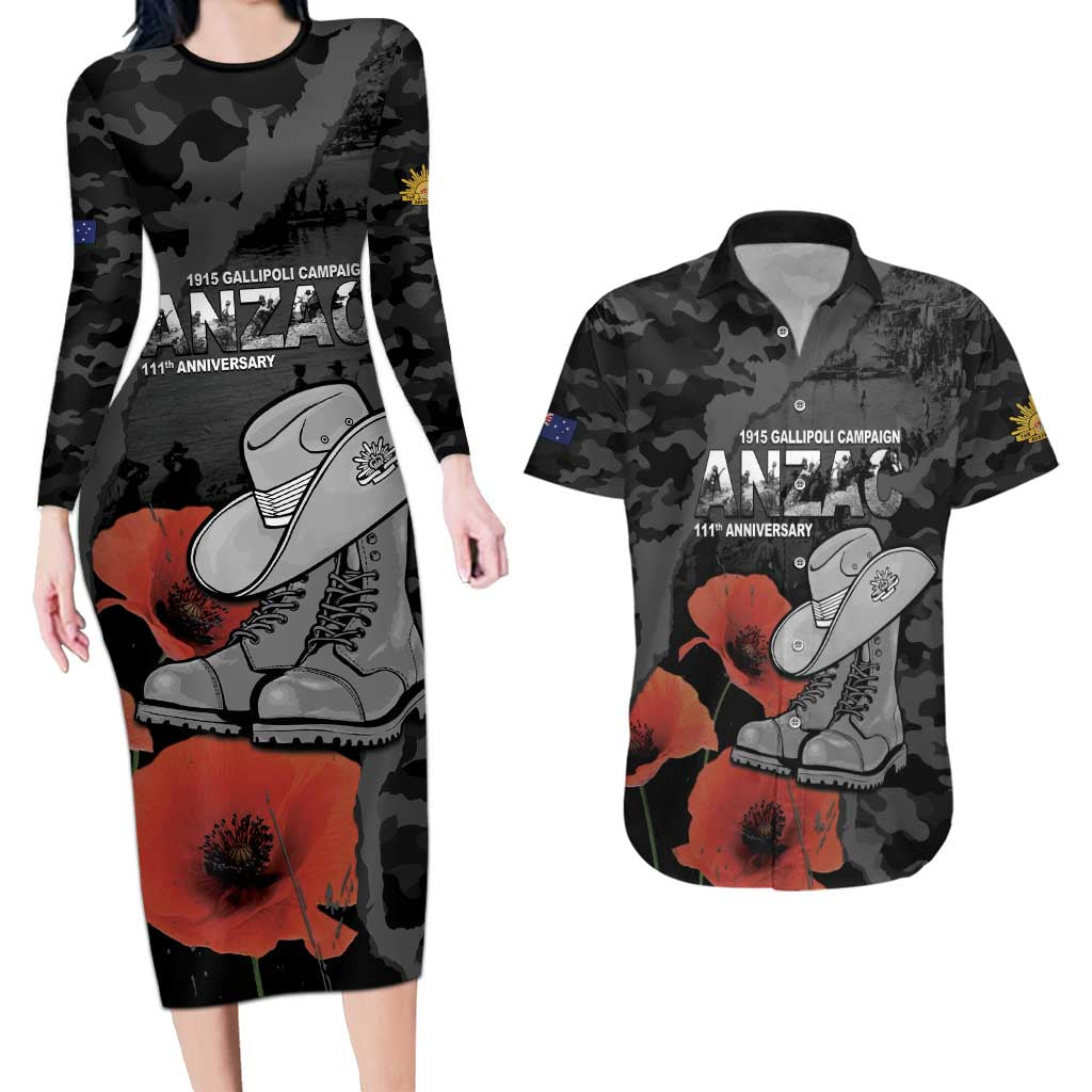 Australia 1915 Gallipoli ANZAC Couples Matching Long Sleeve Bodycon Dress and Hawaiian Shirt 111th Anniversary Army Boots And Slouch Hat