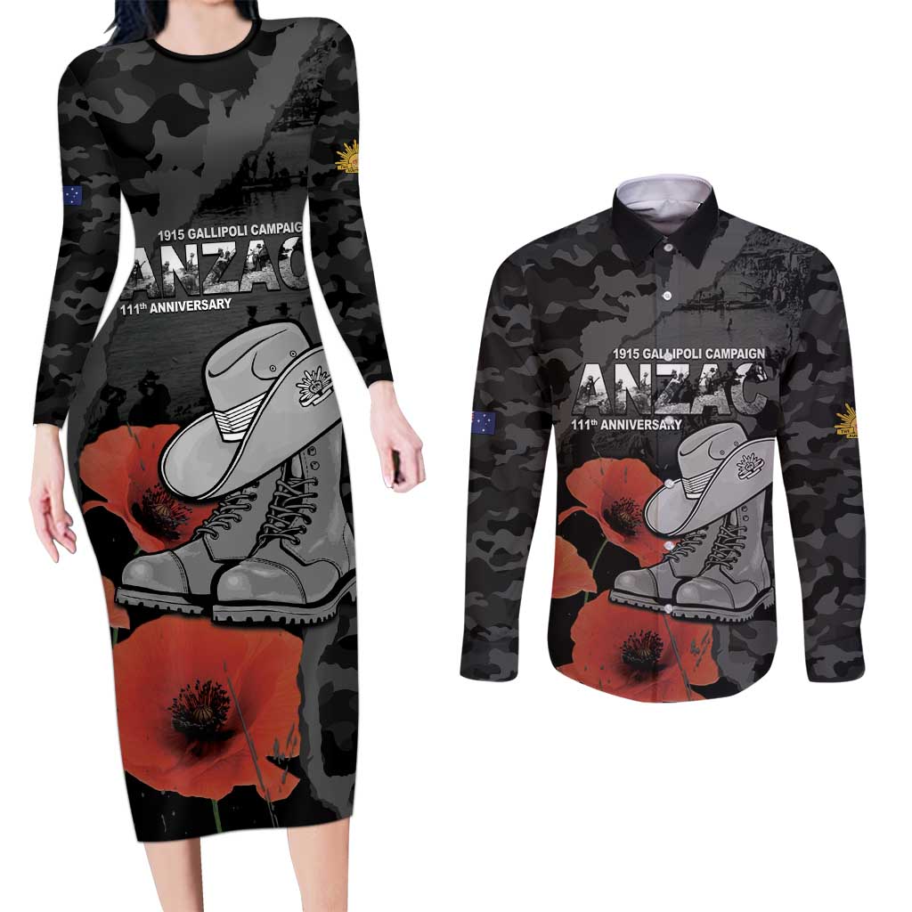 Australia 1915 Gallipoli ANZAC Couples Matching Long Sleeve Bodycon Dress and Long Sleeve Button Shirt 111th Anniversary Army Boots And Slouch Hat