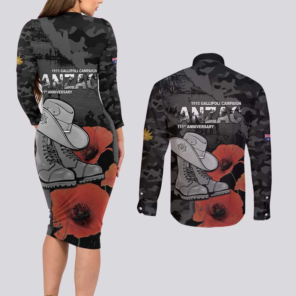 Australia 1915 Gallipoli ANZAC Couples Matching Long Sleeve Bodycon Dress and Long Sleeve Button Shirt 111th Anniversary Army Boots And Slouch Hat