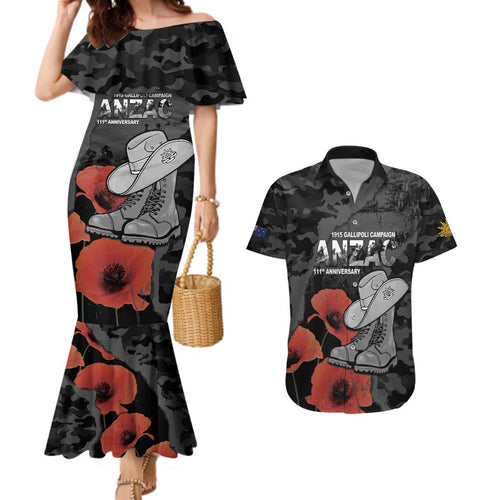 Australia 1915 Gallipoli ANZAC Couples Matching Mermaid Dress and Hawaiian Shirt 111th Anniversary Army Boots And Slouch Hat