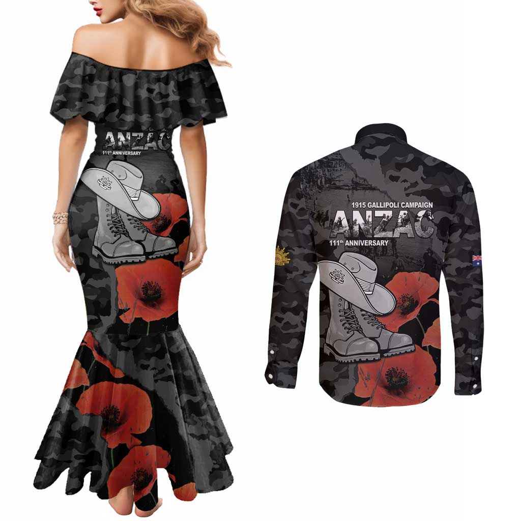 Australia 1915 Gallipoli ANZAC Couples Matching Mermaid Dress and Long Sleeve Button Shirt 111th Anniversary Army Boots And Slouch Hat