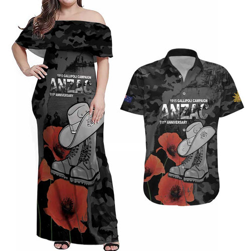 Australia 1915 Gallipoli ANZAC Couples Matching Off Shoulder Maxi Dress and Hawaiian Shirt 111th Anniversary Army Boots And Slouch Hat