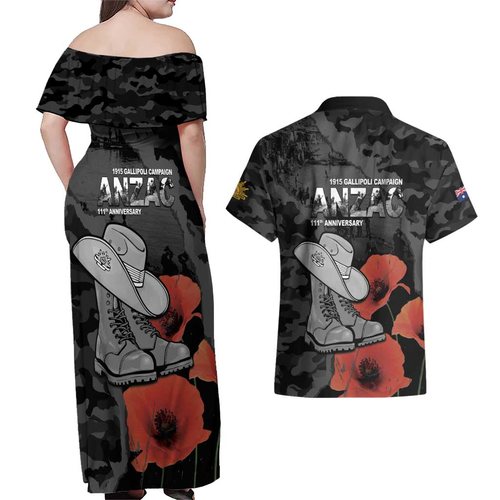 Australia 1915 Gallipoli ANZAC Couples Matching Off Shoulder Maxi Dress and Hawaiian Shirt 111th Anniversary Army Boots And Slouch Hat