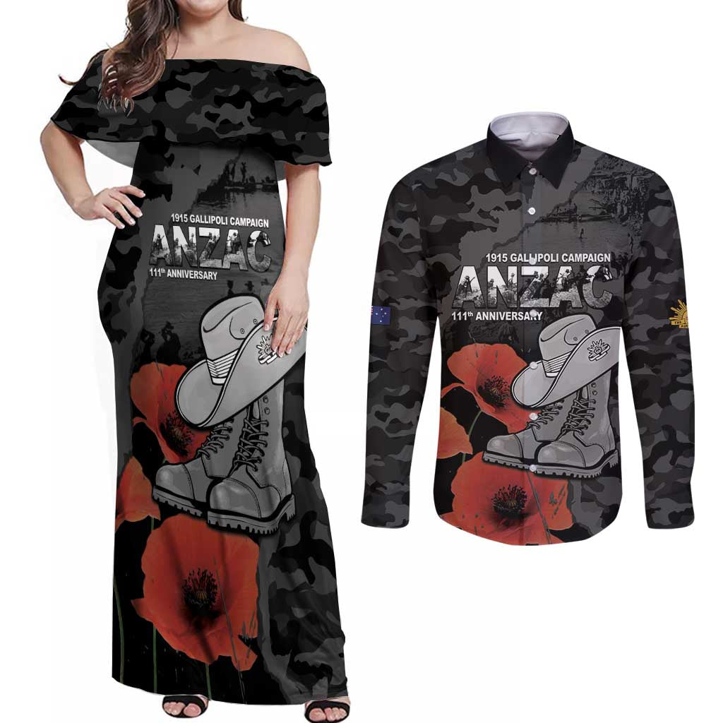 Australia 1915 Gallipoli ANZAC Couples Matching Off Shoulder Maxi Dress and Long Sleeve Button Shirt 111th Anniversary Army Boots And Slouch Hat