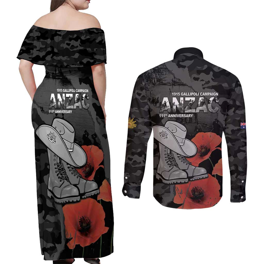 Australia 1915 Gallipoli ANZAC Couples Matching Off Shoulder Maxi Dress and Long Sleeve Button Shirt 111th Anniversary Army Boots And Slouch Hat