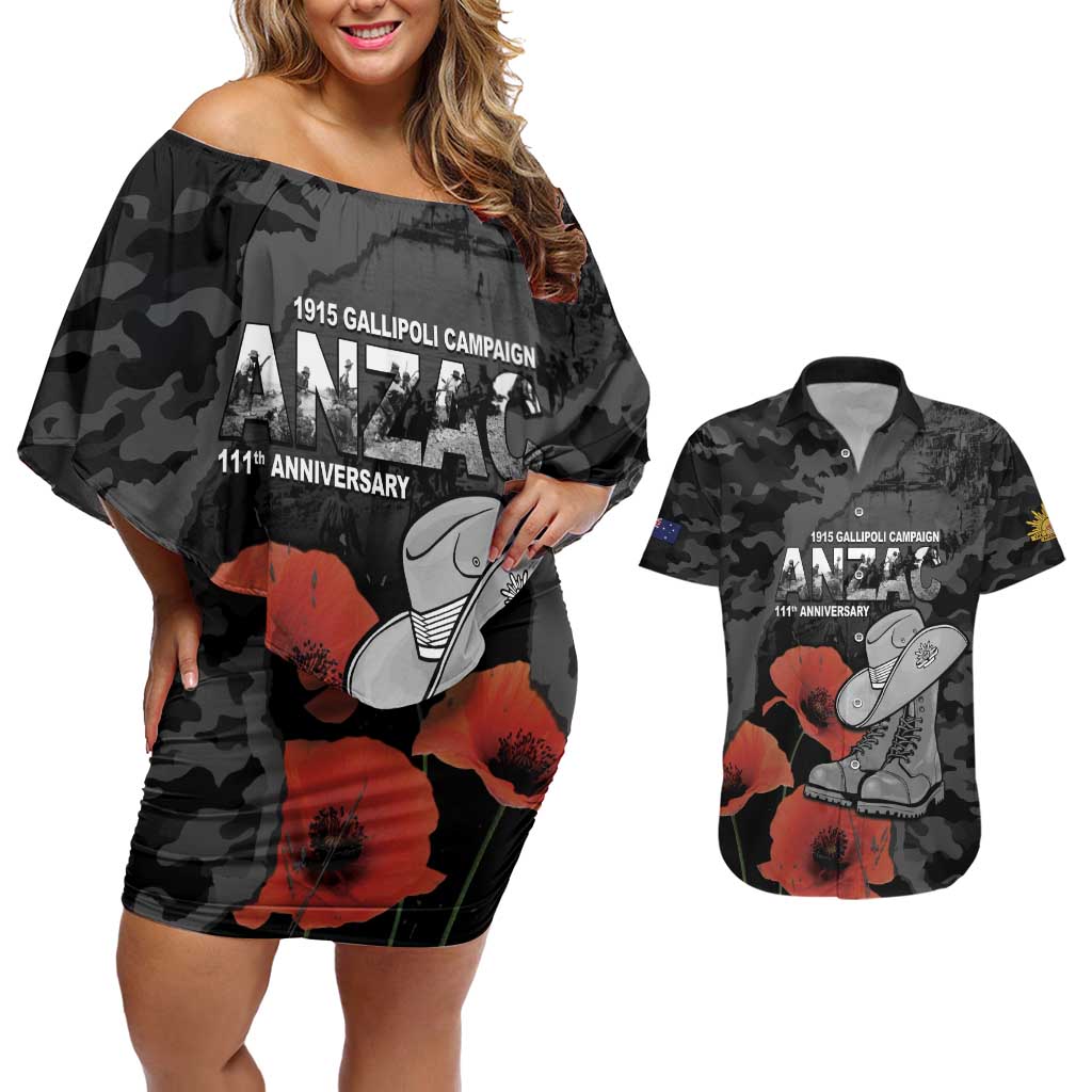 Australia 1915 Gallipoli ANZAC Couples Matching Off Shoulder Short Dress and Hawaiian Shirt 111th Anniversary Army Boots And Slouch Hat