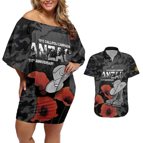 Australia 1915 Gallipoli ANZAC Couples Matching Off Shoulder Short Dress and Hawaiian Shirt 111th Anniversary Army Boots And Slouch Hat