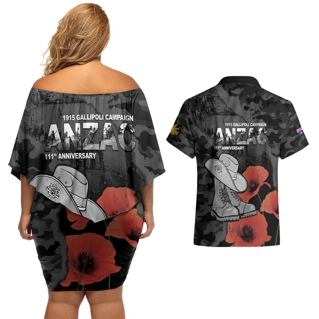 Australia 1915 Gallipoli ANZAC Couples Matching Off Shoulder Short Dress and Hawaiian Shirt 111th Anniversary Army Boots And Slouch Hat