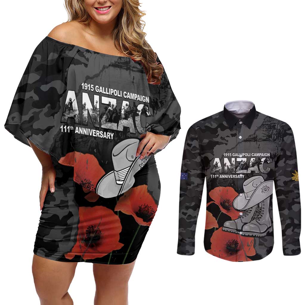 Australia 1915 Gallipoli ANZAC Couples Matching Off Shoulder Short Dress and Long Sleeve Button Shirt 111th Anniversary Army Boots And Slouch Hat