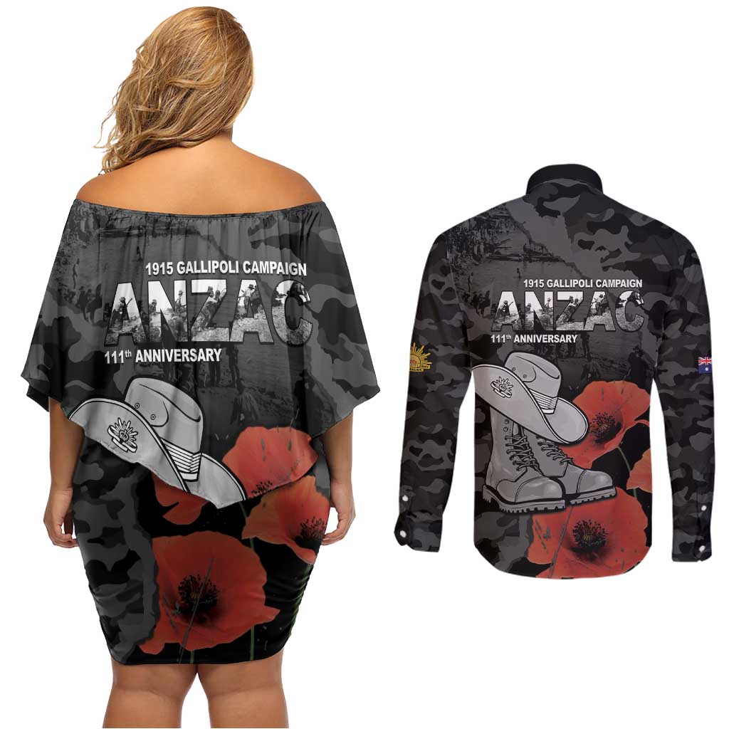 Australia 1915 Gallipoli ANZAC Couples Matching Off Shoulder Short Dress and Long Sleeve Button Shirt 111th Anniversary Army Boots And Slouch Hat