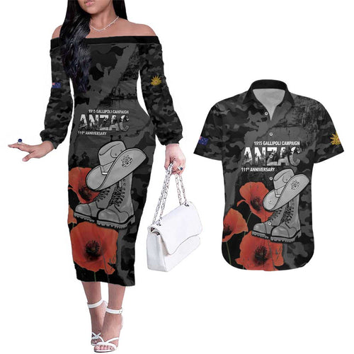 Australia 1915 Gallipoli ANZAC Couples Matching Off The Shoulder Long Sleeve Dress and Hawaiian Shirt 111th Anniversary Army Boots And Slouch Hat