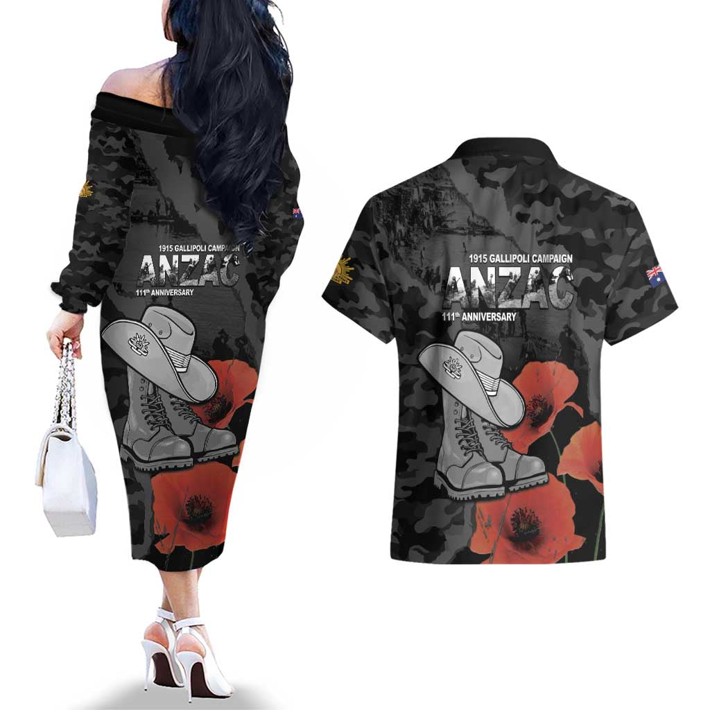 Australia 1915 Gallipoli ANZAC Couples Matching Off The Shoulder Long Sleeve Dress and Hawaiian Shirt 111th Anniversary Army Boots And Slouch Hat