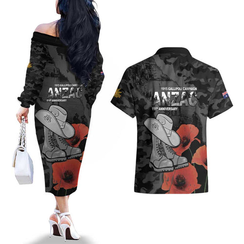 Australia 1915 Gallipoli ANZAC Couples Matching Off The Shoulder Long Sleeve Dress and Hawaiian Shirt 111th Anniversary Army Boots And Slouch Hat