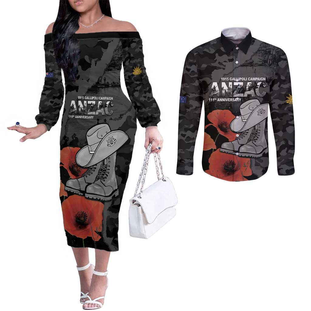 Australia 1915 Gallipoli ANZAC Couples Matching Off The Shoulder Long Sleeve Dress and Long Sleeve Button Shirt 111th Anniversary Army Boots And Slouch Hat