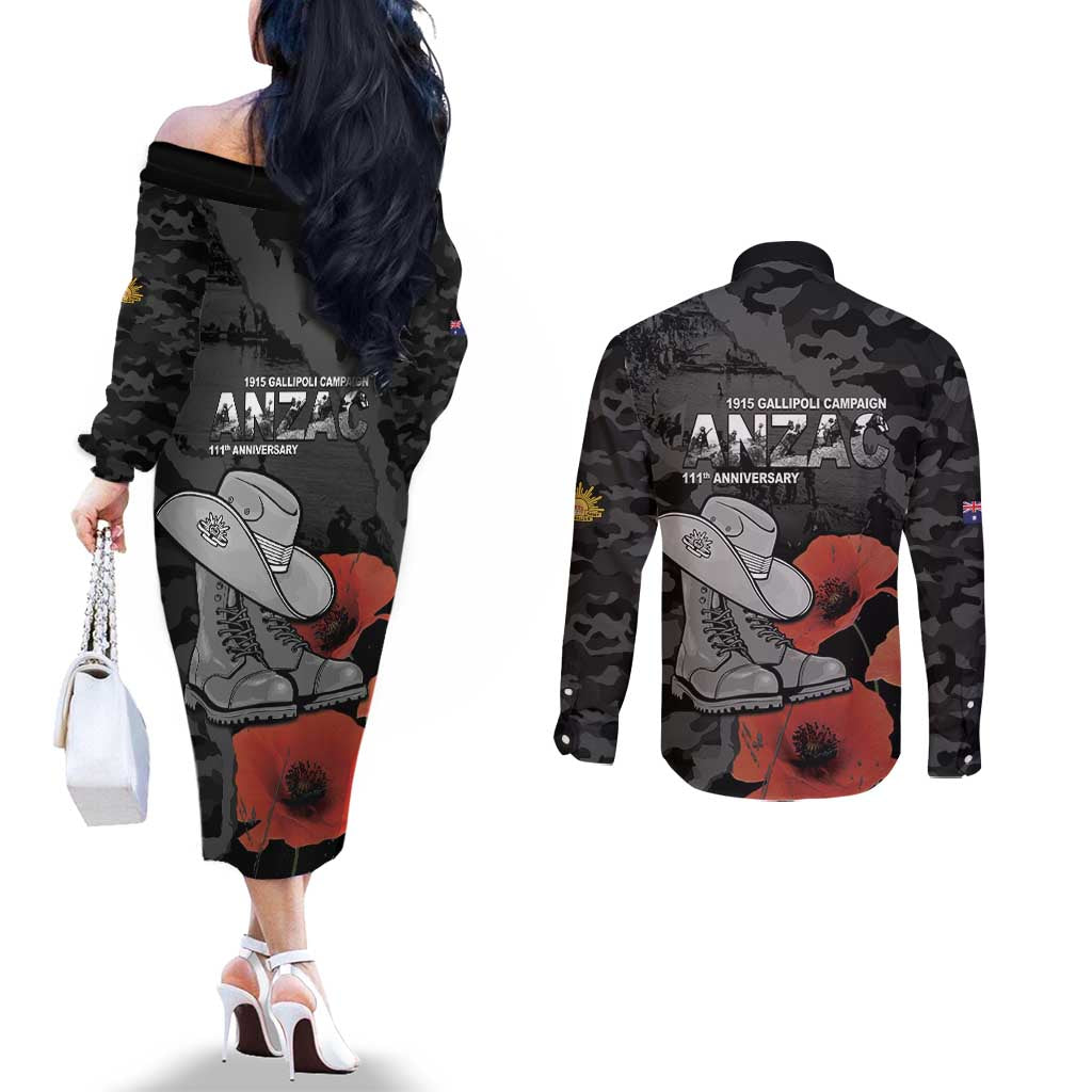 Australia 1915 Gallipoli ANZAC Couples Matching Off The Shoulder Long Sleeve Dress and Long Sleeve Button Shirt 111th Anniversary Army Boots And Slouch Hat