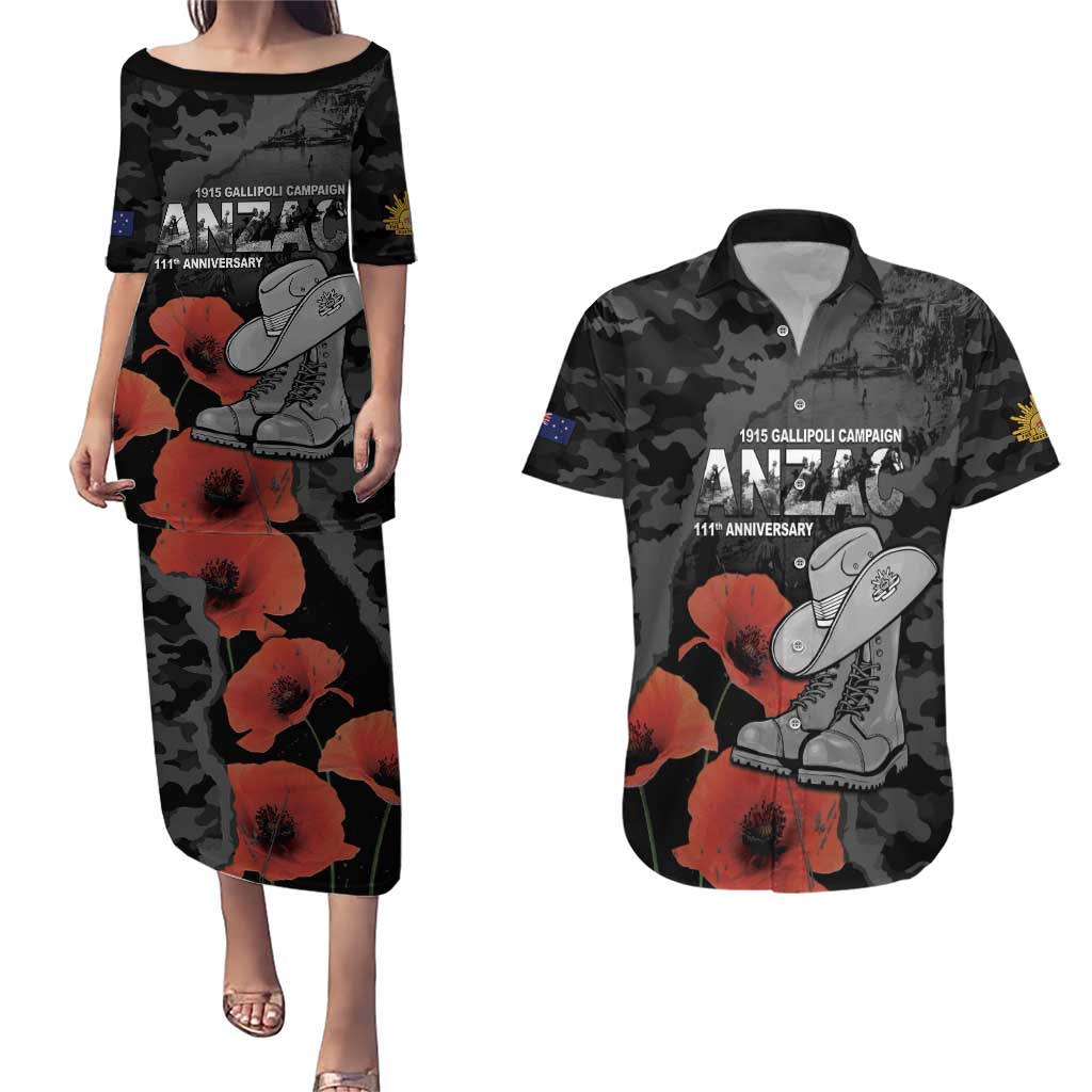 Australia 1915 Gallipoli ANZAC Couples Matching Puletasi and Hawaiian Shirt 111th Anniversary Army Boots And Slouch Hat