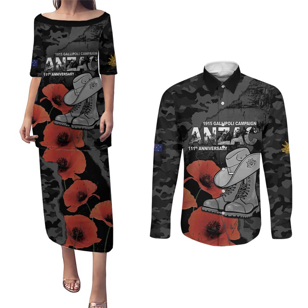 Australia 1915 Gallipoli ANZAC Couples Matching Puletasi and Long Sleeve Button Shirt 111th Anniversary Army Boots And Slouch Hat