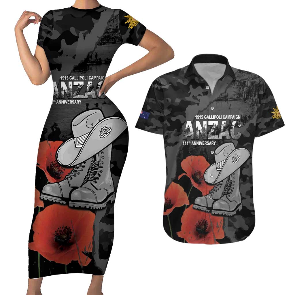 Australia 1915 Gallipoli ANZAC Couples Matching Short Sleeve Bodycon Dress and Hawaiian Shirt 111th Anniversary Army Boots And Slouch Hat