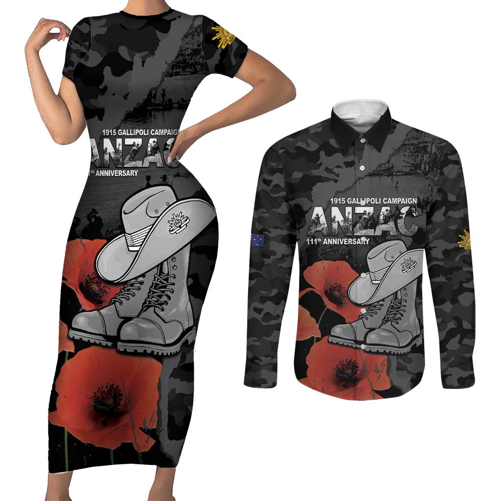 Australia 1915 Gallipoli ANZAC Couples Matching Short Sleeve Bodycon Dress and Long Sleeve Button Shirt 111th Anniversary Army Boots And Slouch Hat