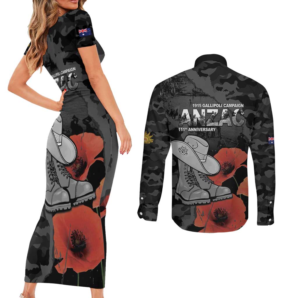 Australia 1915 Gallipoli ANZAC Couples Matching Short Sleeve Bodycon Dress and Long Sleeve Button Shirt 111th Anniversary Army Boots And Slouch Hat