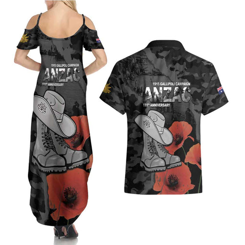 Australia 1915 Gallipoli ANZAC Couples Matching Summer Maxi Dress and Hawaiian Shirt 111th Anniversary Army Boots And Slouch Hat