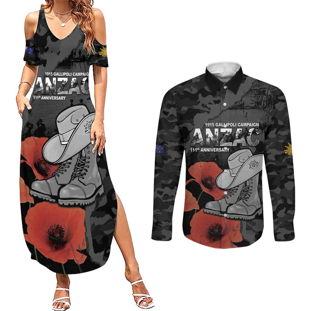 Australia 1915 Gallipoli ANZAC Couples Matching Summer Maxi Dress and Long Sleeve Button Shirt 111th Anniversary Army Boots And Slouch Hat