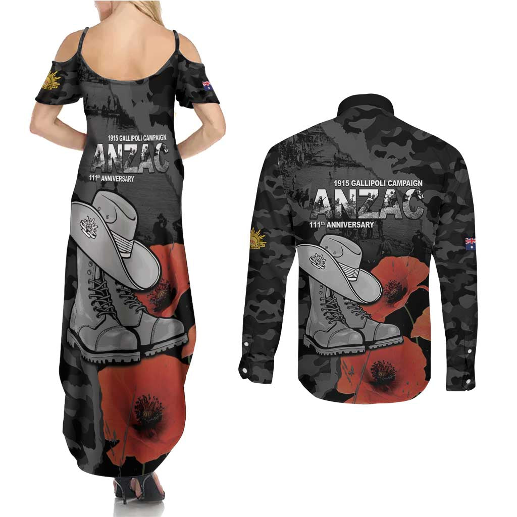 Australia 1915 Gallipoli ANZAC Couples Matching Summer Maxi Dress and Long Sleeve Button Shirt 111th Anniversary Army Boots And Slouch Hat