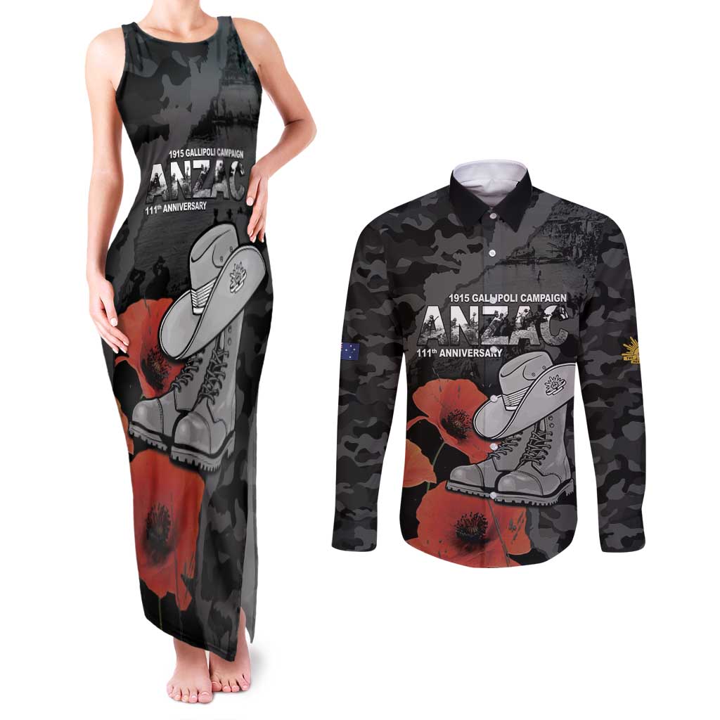 Australia 1915 Gallipoli ANZAC Couples Matching Tank Maxi Dress and Long Sleeve Button Shirt 111th Anniversary Army Boots And Slouch Hat