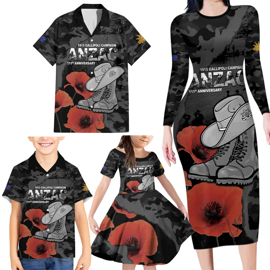 Australia 1915 Gallipoli ANZAC Family Matching Long Sleeve Bodycon Dress and Hawaiian Shirt 111th Anniversary Army Boots And Slouch Hat