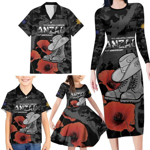 Australia 1915 Gallipoli ANZAC Family Matching Long Sleeve Bodycon Dress and Hawaiian Shirt 111th Anniversary Army Boots And Slouch Hat