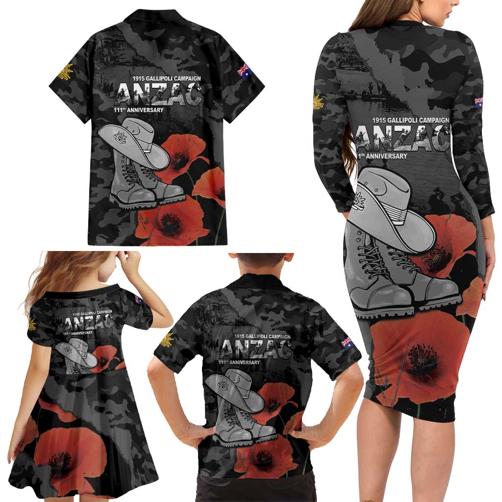 Australia 1915 Gallipoli ANZAC Family Matching Long Sleeve Bodycon Dress and Hawaiian Shirt 111th Anniversary Army Boots And Slouch Hat
