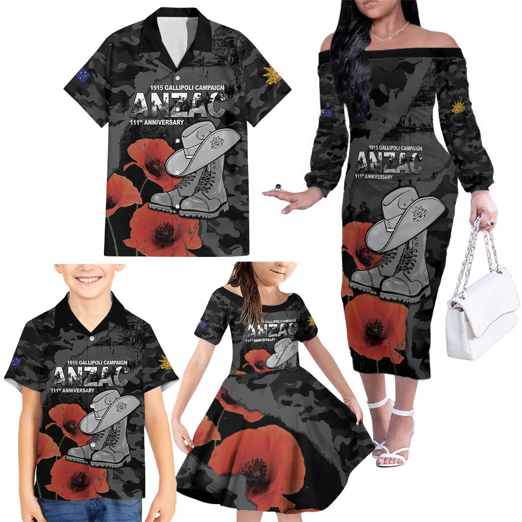 Australia 1915 Gallipoli ANZAC Family Matching Off The Shoulder Long Sleeve Dress and Hawaiian Shirt 111th Anniversary Army Boots And Slouch Hat