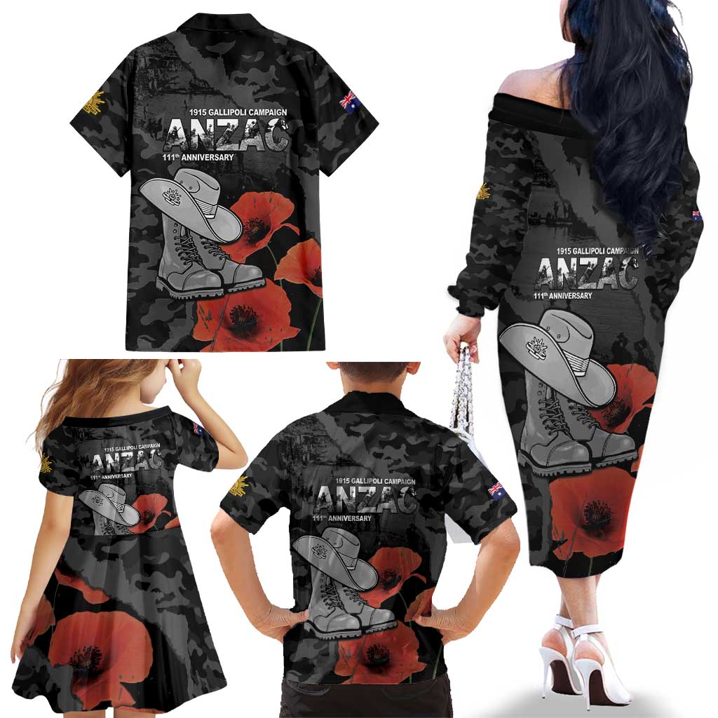 Australia 1915 Gallipoli ANZAC Family Matching Off The Shoulder Long Sleeve Dress and Hawaiian Shirt 111th Anniversary Army Boots And Slouch Hat