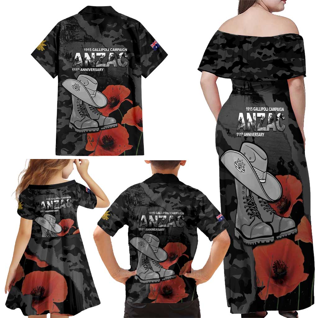 Australia 1915 Gallipoli ANZAC Family Matching Off Shoulder Maxi Dress and Hawaiian Shirt 111th Anniversary Army Boots And Slouch Hat
